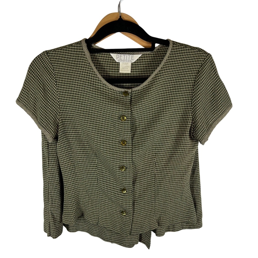 Petite Sophisticate Vintage 2 Piece Skort Set Olive Green‎ Grid Plaid Blouse 90s
